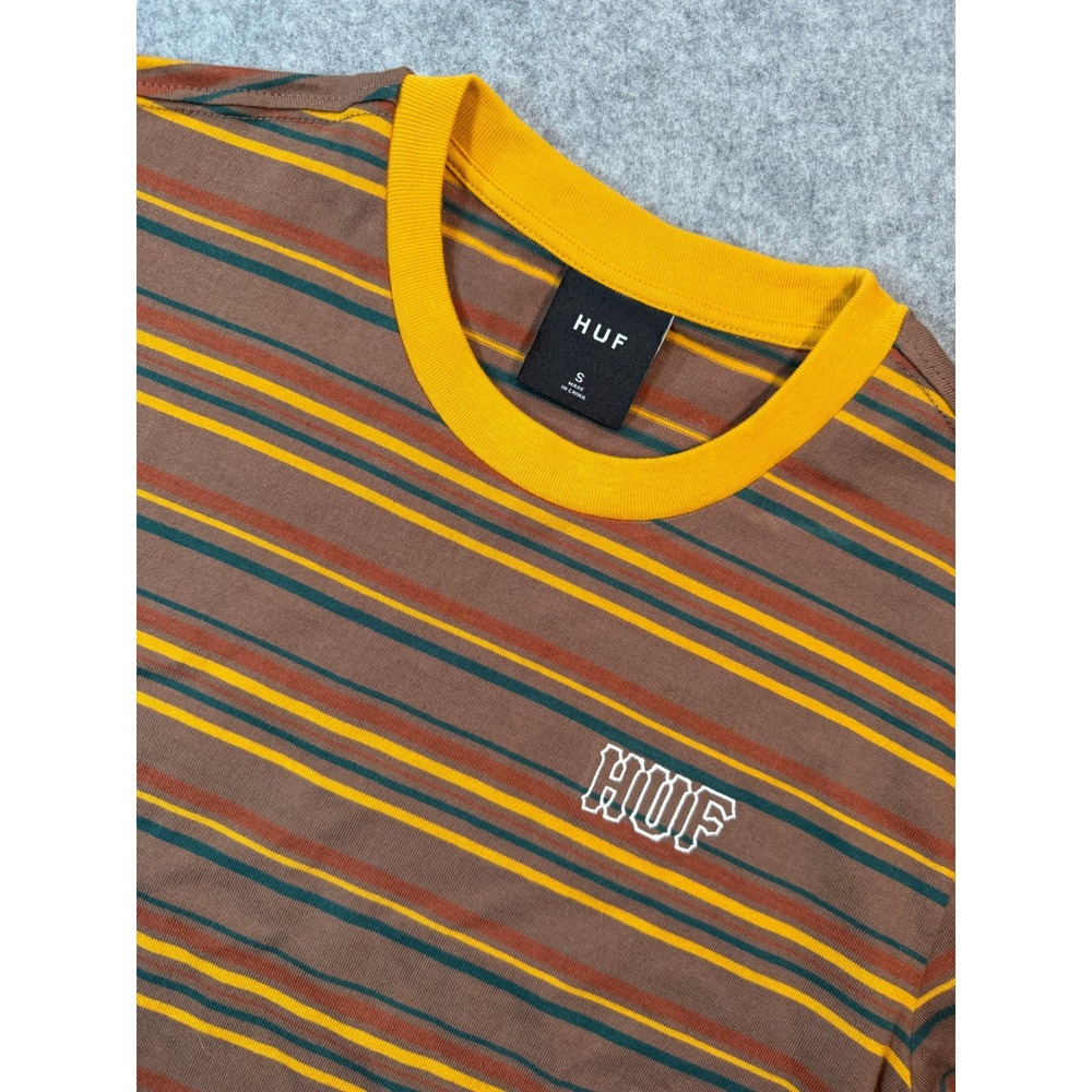 HUF Mens Striped Short Sleeve T-Shirt Brown Yellow Green Logo Size S